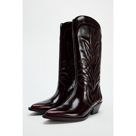 Zara Women Embroidered Cowboy Boots Knee High Western Burgundy US 9 EU 40 - Picture 1 of 15